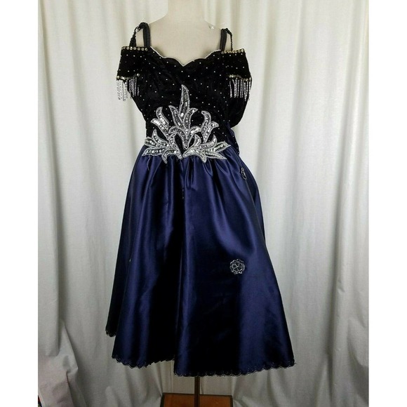 Vintage Navy Blue Velvet Chiffon Jeweled Prom Pageant Dress Junior 2XL Womens XS - Picture 2 of 10